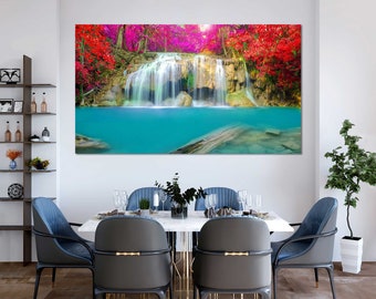 Waterfall in Thailand Park Stylish Decor for Home, Turquoise Waterfalls with Colorful Trees Painting on Canvas Art, Mountain River