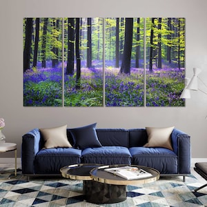 Frühlingswald bei Sonnenlicht Mode-Leinwandkunst, grüner Wald Modish Kunstwerk, Glockenblumen Bilder für Wand, Bäume Große Bildmalerei