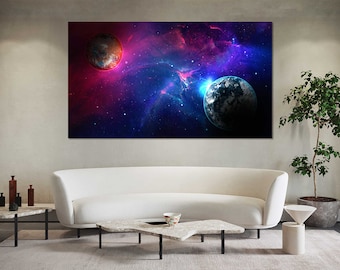 宇宙の壁掛けアート：惑星と星雲のキャンバスプリント（銀河の装飾用）