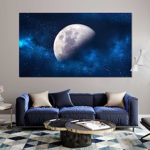 Mond in Blau Bilder Kunst auf Leinwand, Mond Druckkunst auf Leinwand, Mond Design Kunstwerk für Zuhause, Kosmos Große Kunst für die Wand