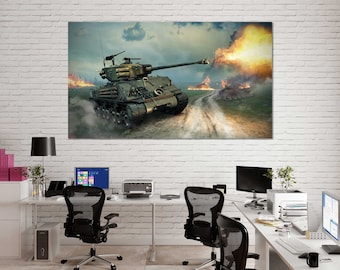 WWII Tank Canvas Print, Vintage Military Wall Art for Home Office