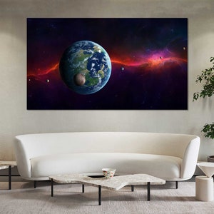 May include: A digital art print of a blue and green planet Earth in space with a red and purple nebula in the background.