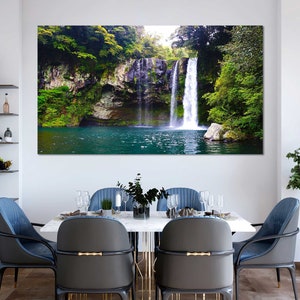 Cheonjiyeon-waterval populaire kunst voor thuis, waterval op het eiland Jeju, modern kunstwerk voor aan de muur, Zuid-Korea natuurprint canvassets