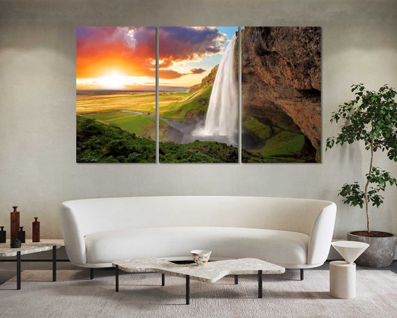 Seljalandsfoss Iceland Waterfall Sunset Canvas Print, Travel Wall Art for Nature Decor