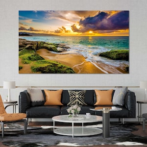 Sunset Beach Print Canvas Sets, Beach Art Room Decor, Seascape Contemporary Painting Canvas, Hawaii Coast Large Artwork for Home