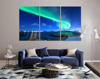 Northern Light Home Wall Decor, Aurora Borealis Trendy Decor Wall, Northern Light on Lake Painting Art, Night Sky Large Artwork