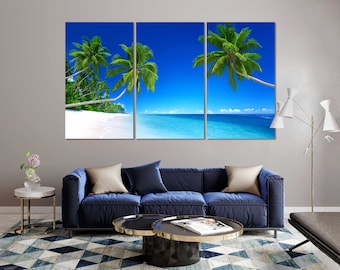 Tropical Beach Canvas Print, Palm Tree Seascape Wall Art Ready to Hang