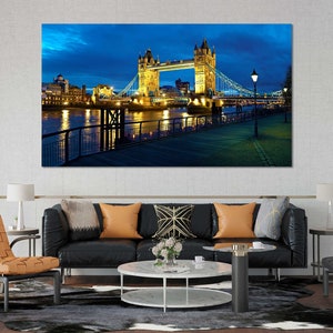London Night City Canvas Print, Tower Bridge Modern Art for Room, Thames River Pictures Wall Art, England Room Design Decor, UK
