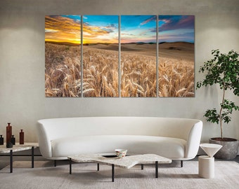 Wheat Harvest Field Canvas Wall Art - Rustic Landscape Painting For Living Room Decor