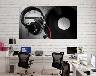 DJ Console Canvas Art, Vinyl Record and Headphones, Modern Music