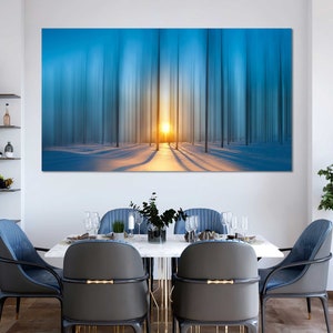 Winter Forest Sunrise Photography – Minimalist Snow Landscape Print | Tranquil Blue Trees Artwork, Winter Morning Wall Decor