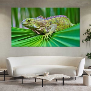 Arte de diseño elegante para el hogar con iguanas verdes, arte mural en lienzo con estampado de reptiles, arte mural creativo con lagartos, conjuntos de lienzos de animales, arte con lagartos tropicales