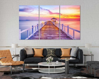 Meereslandschaft Triptychon, Sunset Pier Wandkunst für ein modernes Zuhause
