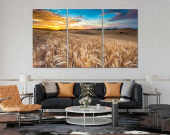 Impression sur toile de champ de blé doré – paysage de coucher de soleil dans une ferme rustique