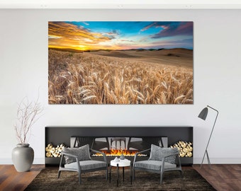 Wheat Harvest Field Canvas Wall Art - Rustic Landscape Painting For Living Room Decor