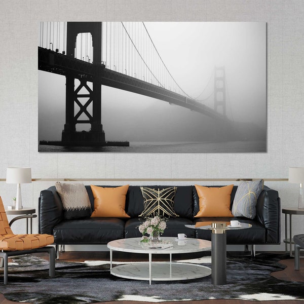 Arte en lienzo impreso del puente Golden Gate, pintura en blanco y negro del puente Golden Gate, puente Golden Gate en la decoración de la pared de San Francisco