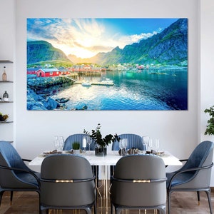 Sunny Lofoten Large Print Canvas, Lofoten Islands Home Decor, Norway Original Wall Arts, Lake and Mountains Modern Canvas Wall Art