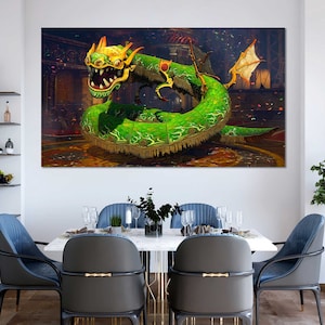 Green Dragon Cool Graphics Art on Canvas, Dragon Modern Large Wall Decor, Green Dragon Print on Canvas, Mystical Animals Creative Wall Art