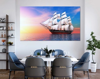 Ocean Wall Art Sailing Ship Sunset Gallery Wrapped Canvas