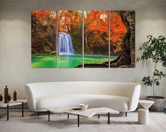 Herbst Wasserfall Leinwand Druck - Rote Blätter Wald Wandkunst