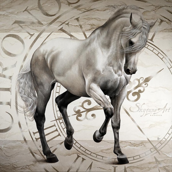 Tableau original d'un cheval Peinture acrylique sur toile dessin motif graphique horloge Oeuvre d'art style photo-réaliste par Skyzune ART