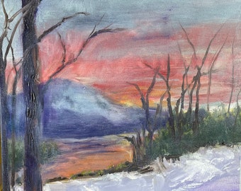 Winter Sunset Painting Original Art Landscape Wall Art National Park art Oil Pastel Original Art 16.5 by 11.6 by ZazullaArt