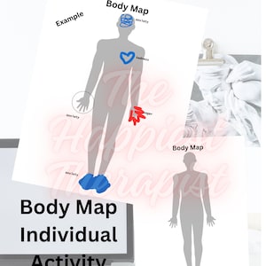 Puede incluir: Una actividad de mapa corporal imprimible para individuos. La imagen muestra una silueta gris de una persona con diferentes emociones marcadas en el cuerpo. Las emociones incluyen ansiedad, tristeza y enojo. El texto "Body Map Individual Activity" se muestra en la pantalla de una computadora portátil.