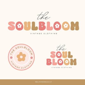 Puede incluir: El logotipo de Soulbloom presenta un diseño de texto estilizado en rosa, naranja y marrón con un gráfico floral. El texto dice "the SOULBLOOM vintage clothing".
