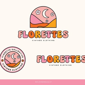 Logo dell'arco della luna del fiore retrò Premade, Boho Branding Kit, Logo del fiore margherita retrò anni '70, Branding del logo Boho colorato, Design del logo celeste