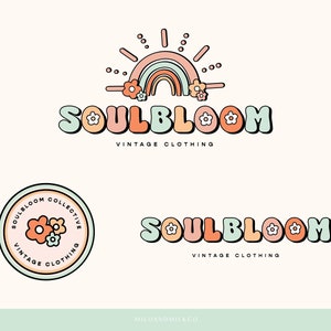 Design del logo floreale arcobaleno retrò, kit di branding Boho, logo del fiore margherita retrò anni '70, marchio del logo Boho colorato, design del logo dell'abbigliamento floreale