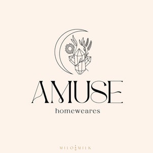 Magic Moon Floral Crystal Logo, Magical Logo, Crystal Shop Logo, Candle Logo, Flower line drawing logo, Premade Logo, Spiritual Tarot Logo