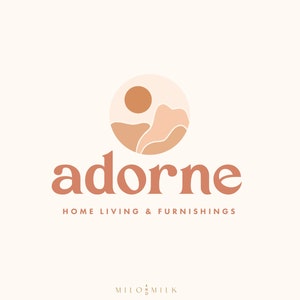 May include: A logo for a home decor company called "adorne" with the tagline "Home Living & Furnishings". The logo features a stylised illustration of a sun setting behind a mountain range in a circle.