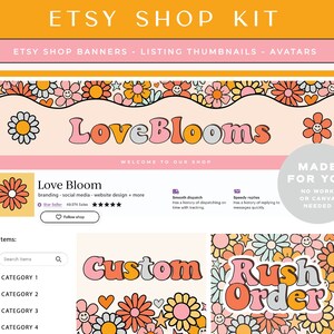 Retro Flower Etsy Shop Banner Templates, Vintage Boho Etsy Branding Kit Template, Etsy Seller Branding, Bright Colourful Etsy Shop Bundle