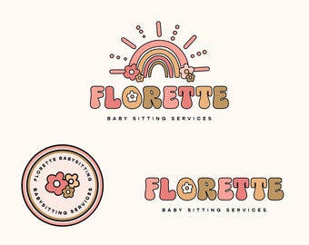 Retro Flower Rainbow Logo Premade, Boho Branding Kit, 70s Retro Daisy Flower Logo, Colourful Boho Logo Branding, Flower Clothing Logo Design