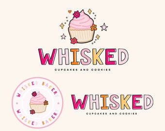 Retro Baking Cupcake Logo Design | Premade Baking Branding Kit | Rainbow Baking Logo | Food Blogger Logo | Retro Fun Cake Logo Design