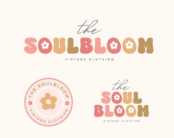 Retro Flower Cursive Logo Premade, Boho Branding Kit, 70s Retro Bubble Flower Logo, Colourful Boho Logo Branding, Bright Logo Design