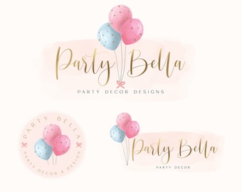 Watercolour Balloon Party Logo, Event Planner Logo, Party Decoration Logo, Party Shop Logo, Balloon Logo Template, Gold Party Branding Kit