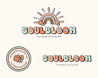 Retro Rainbow Floral Logo Design, Boho Branding Kit, 70s Retro Daisy Flower Logo, Colourful Boho Logo Branding, Flower Clothing Logo Design