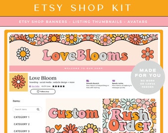 Retro Flower Etsy Shop Banner Templates, Vintage Boho Etsy Branding Kit Template, Etsy Seller Branding, Bright Colourful Etsy Shop Bundle