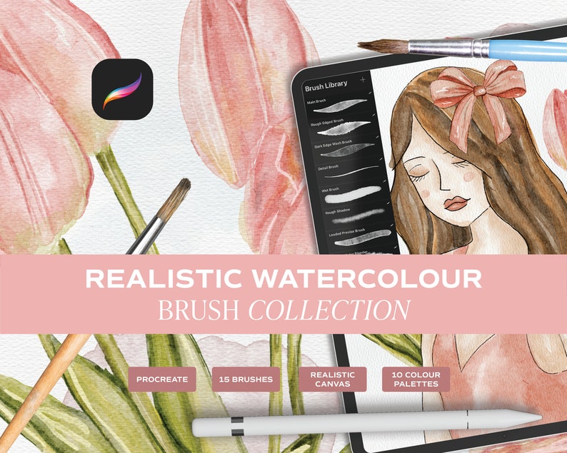 Realistic Watercolour Brushes for Procreate. Watercolour Brushes made for iPad Procreate. Brush & Canvas Set for Ipad. Digital Brushes Set image 1