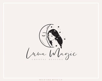 Logotipo de Luna y Mujer, Logotipo de Tienda de Tarot, Logotipo Espiritual, Logotipo Mágico, Logotipo Holístico de Sanación, Logotipo Femenino, Logotipo Minimalista Prefabricado, Logotipo Dibujado a Mano
