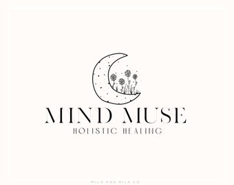 Premade Moon Logo Design, Minimalist Logo, Floral Logo, Brand Design, Small Business Logo, Boutique Logo, Branding Package, Celestial Logo