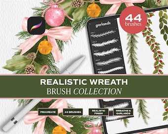 Wreath and Garland Brush Stamp Set for Procreate. Festive Christmas Stamps for Procreate. Botanical and Pine Leaf Wreath Brush for Procreate