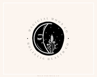 Logotipo de flor de luna mágica circular, logotipo de tarot, logotipo espiritual, logotipo de naturaleza, logotipo holístico, logotipo de monograma, logotipo minimalista prediseñado, logotipo dibujado a mano
