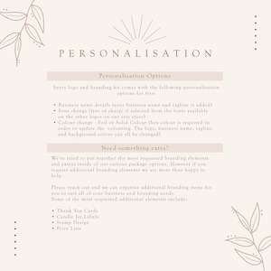 Puede incluir: Gr&aacute;fico beige con la palabra &laquo;PERSONALIZACI&Oacute;N&raquo; en la parte superior. A continuaci&oacute;n, enumera las opciones de personalizaci&oacute;n gratuitas para los kits de marca, incluidos los detalles del nombre de la empresa, los cambios de fuente y de color. Tambi&eacute;n hay tarjetas de agradecimiento y listas de precios.