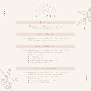 Puede incluir: Un gr&aacute;fico beige con la palabra &laquo;PACKAGES&raquo; en la parte superior. A continuaci&oacute;n, se enumeran cuatro opciones de paquetes: Logo Only, Logo + Submark, Logo + Social Media y Logo + Etsy Shop Kit. Cada paquete incluye diferentes elementos de dise&ntilde;o.