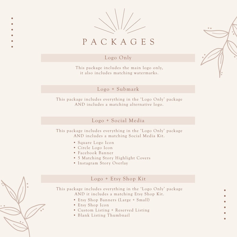 Puede incluir: Un gr&aacute;fico beige con la palabra &laquo;PACKAGES&raquo; en la parte superior. A continuaci&oacute;n, se enumeran cuatro opciones de paquetes: Logo Only, Logo + Submark, Logo + Social Media y Logo + Etsy Shop Kit. Cada paquete incluye diferentes elementos de dise&ntilde;o.
