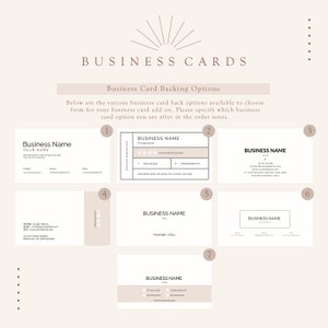 Puede incluir: Una selecci&oacute;n de opciones de respaldo de tarjetas de visita, con varios dise&ntilde;os con el texto "Business Name" e informaci&oacute;n de contacto. Las tarjetas se muestran sobre un fondo beige claro con una est&eacute;tica minimalista.