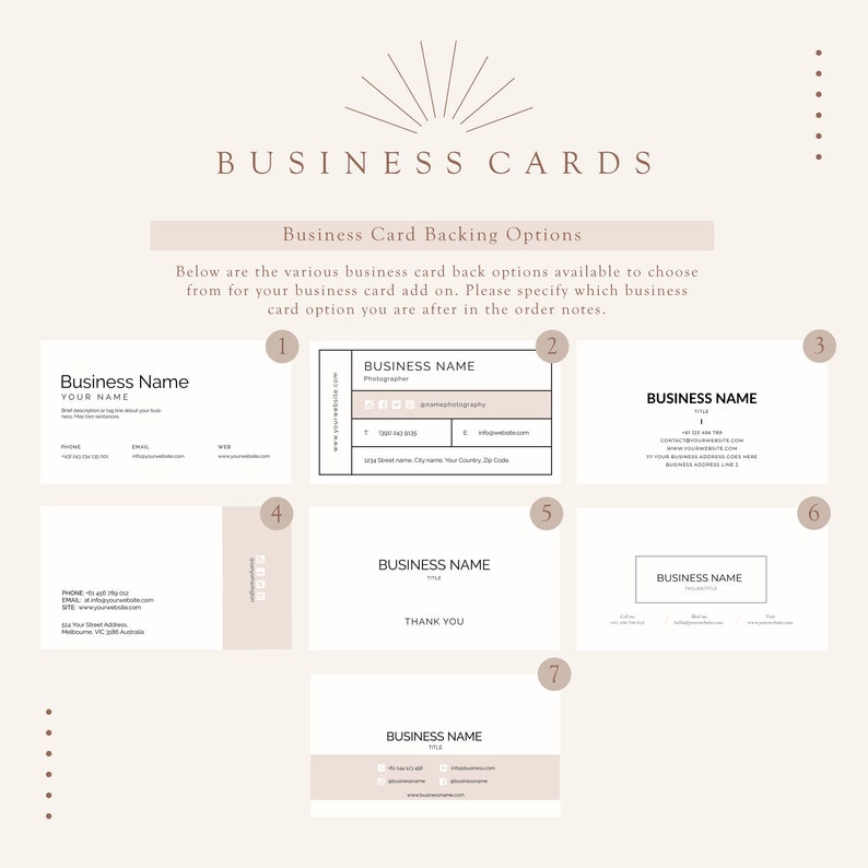 Puede incluir: Una selecci&oacute;n de opciones de respaldo de tarjetas de visita, con varios dise&ntilde;os con el texto "Business Name" e informaci&oacute;n de contacto. Las tarjetas se muestran sobre un fondo beige claro con una est&eacute;tica minimalista.