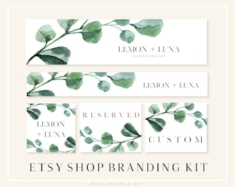 May include: Branding kit for an Etsy shop called Lemon + Luna Photography. The kit features a watercolor design of eucalyptus leaves and the text "Lemon + Luna Photography", "Lemon + Luna", "Reserved", and "Custom".